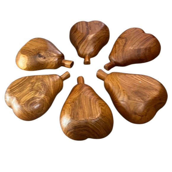 Set of 6 Vintage Handcrafted Pear Shape Teak Wood Carved Salad Bowls, - Picture 3 of 6